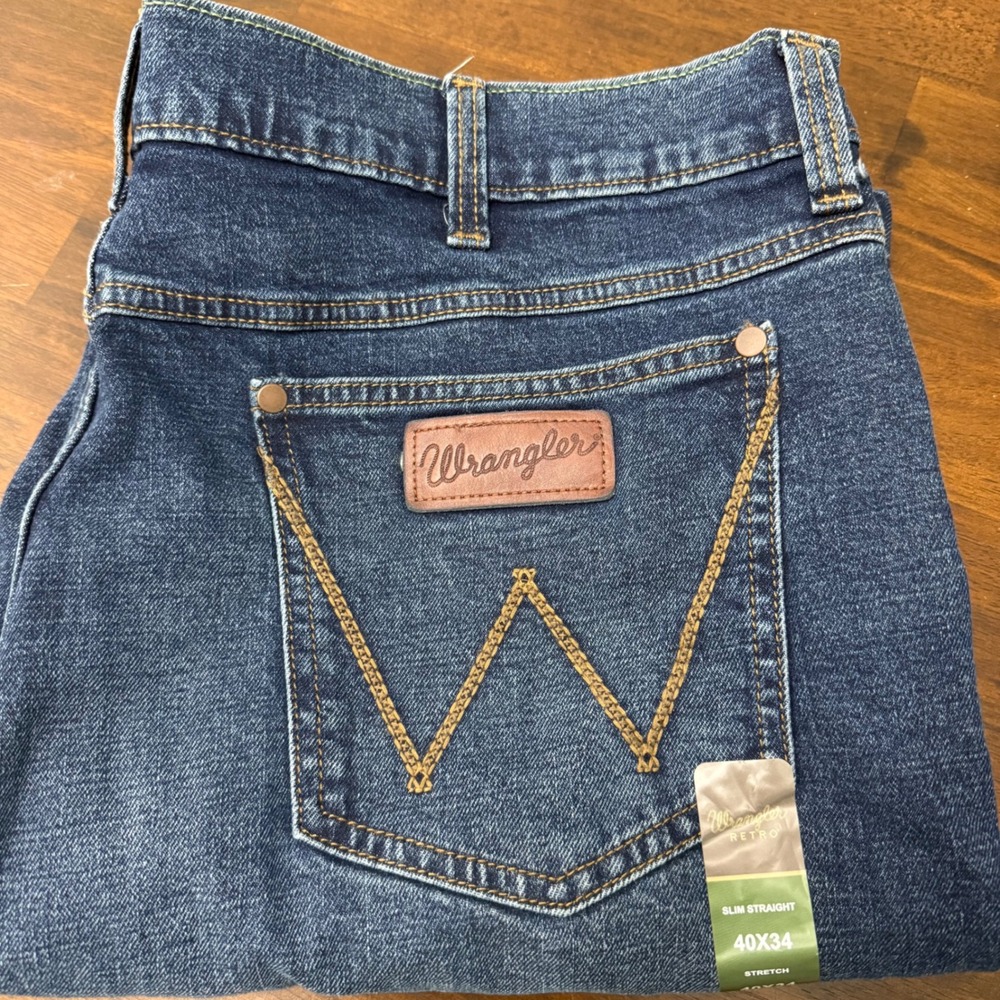 Wrangler Retro Slim Straight Jeans Mens 40x34 Blue Denim 112325734 Stretch - Picture 2 of 11